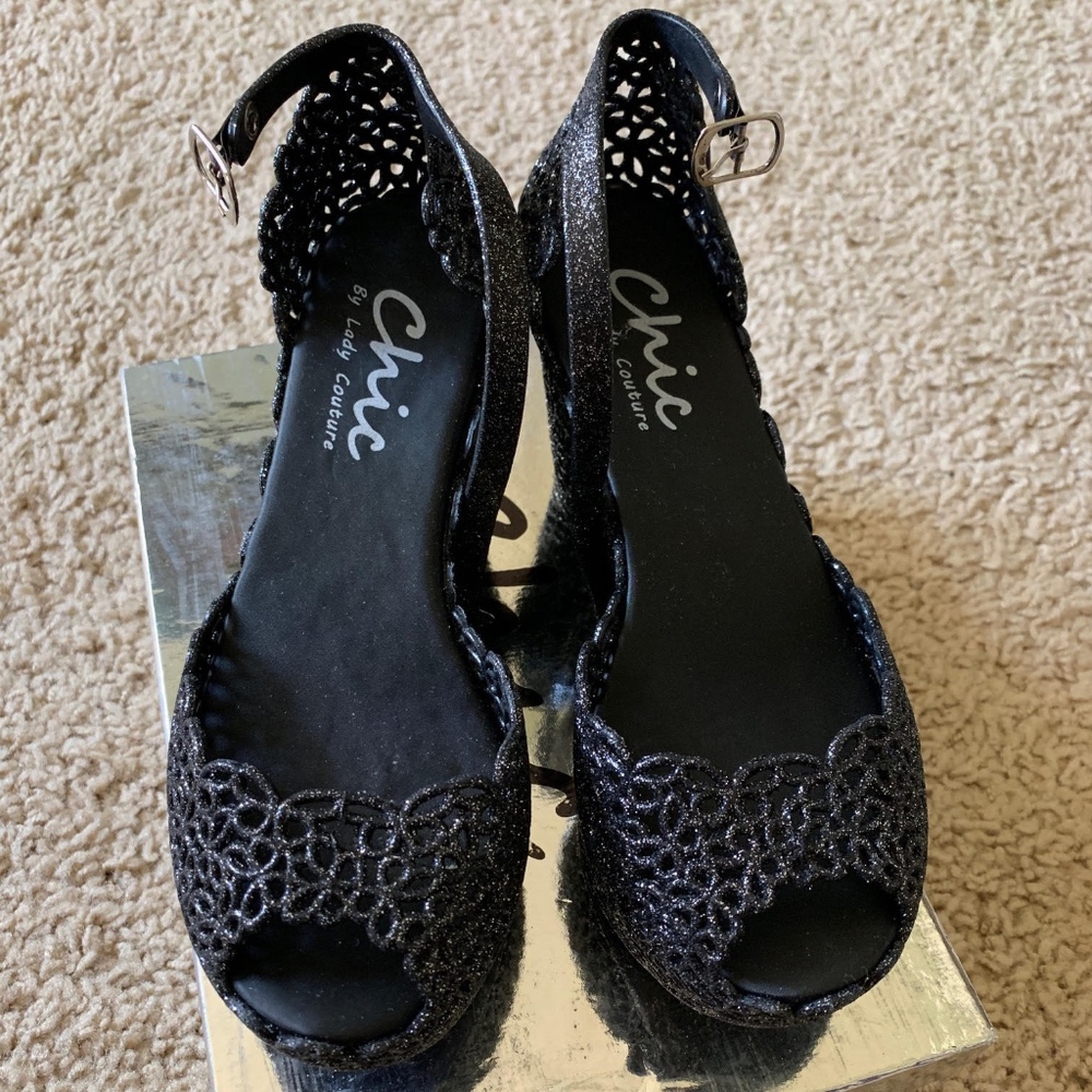 black wedges, black heels, glitter wedges, jellies